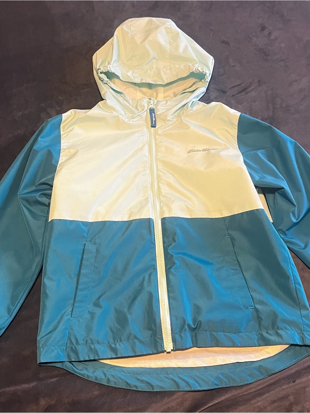 Eddie Bauer Teal and blue Colorblock Hooded Kids Rain Jacket Windbreaker